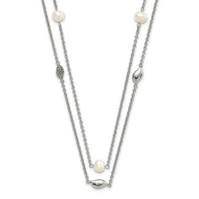 Polished 2 StrFreshwater Cultured Pearls &amp; CZ 2 Inch Extender Necklace Stainless Steel SRN1514-39 b…