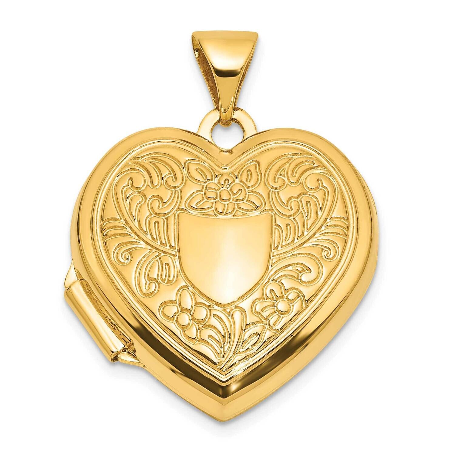 Fancy Floral Border Crest 18mm Heart Locket 14k Polished Gold XL858