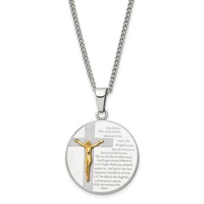 Chisel Brushed Polished Yellow Ip-Plated Lords Prayer Crucifx Pendant On A 24 Inch Curb Chain Neckl…