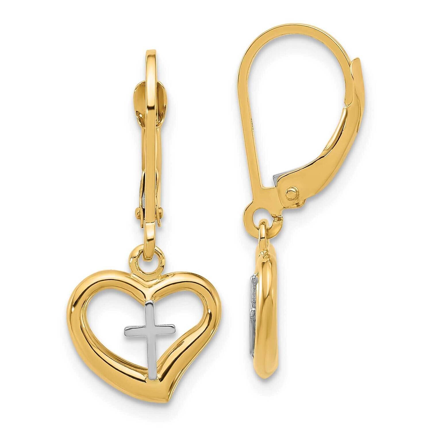 Polished Cross In Heart Leverback Dangle Earrings 14k Two-Tone Gold TF2362