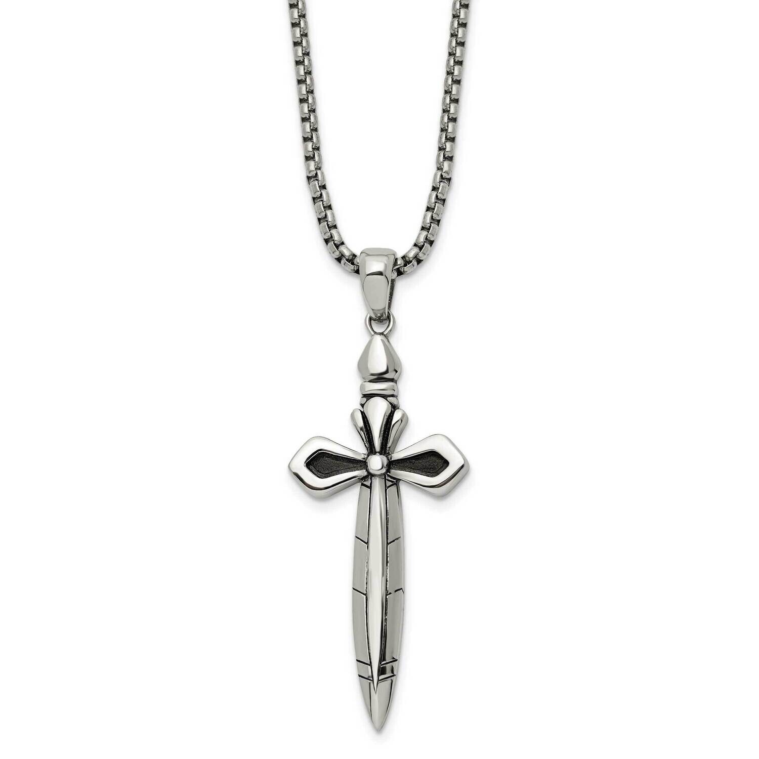 Chisel Antiqued Polished Cross Sword Pendant On A 24 Inch Box Chain Necklace Stainless Steel SRN3031-24