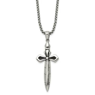 Chisel Antiqued Polished Cross Sword Pendant On A 24 Inch Box Chain Necklace Stainless Steel SRN303…