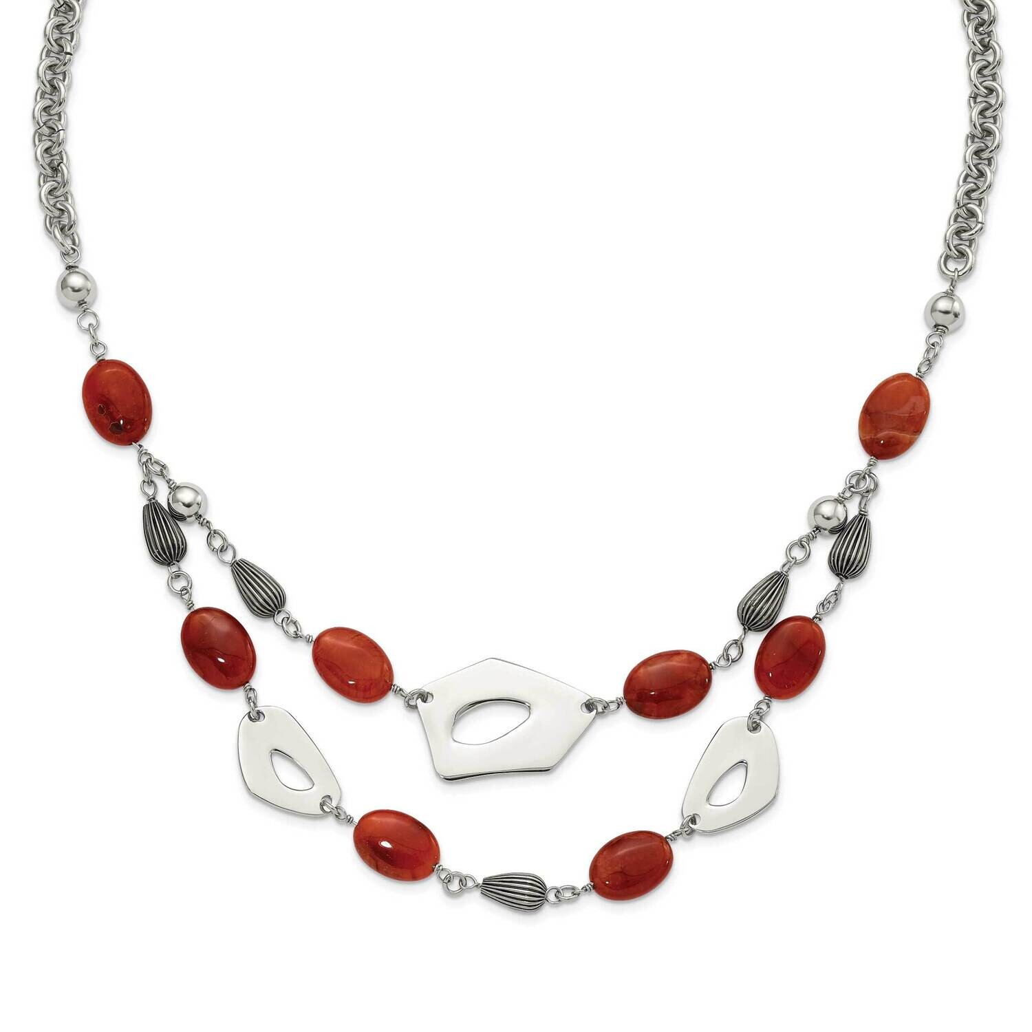 Polished &amp; Antiqued Red &amp; Orange Agate 2 Inch Extender Necklace Stainless Steel SRN549-24 by Chisel…