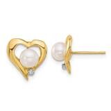 5-6mm Button White Fwc Pearl .02Ct Diamond Heart Post Earrings 14k Gold XF849E, MPN: XF849E,