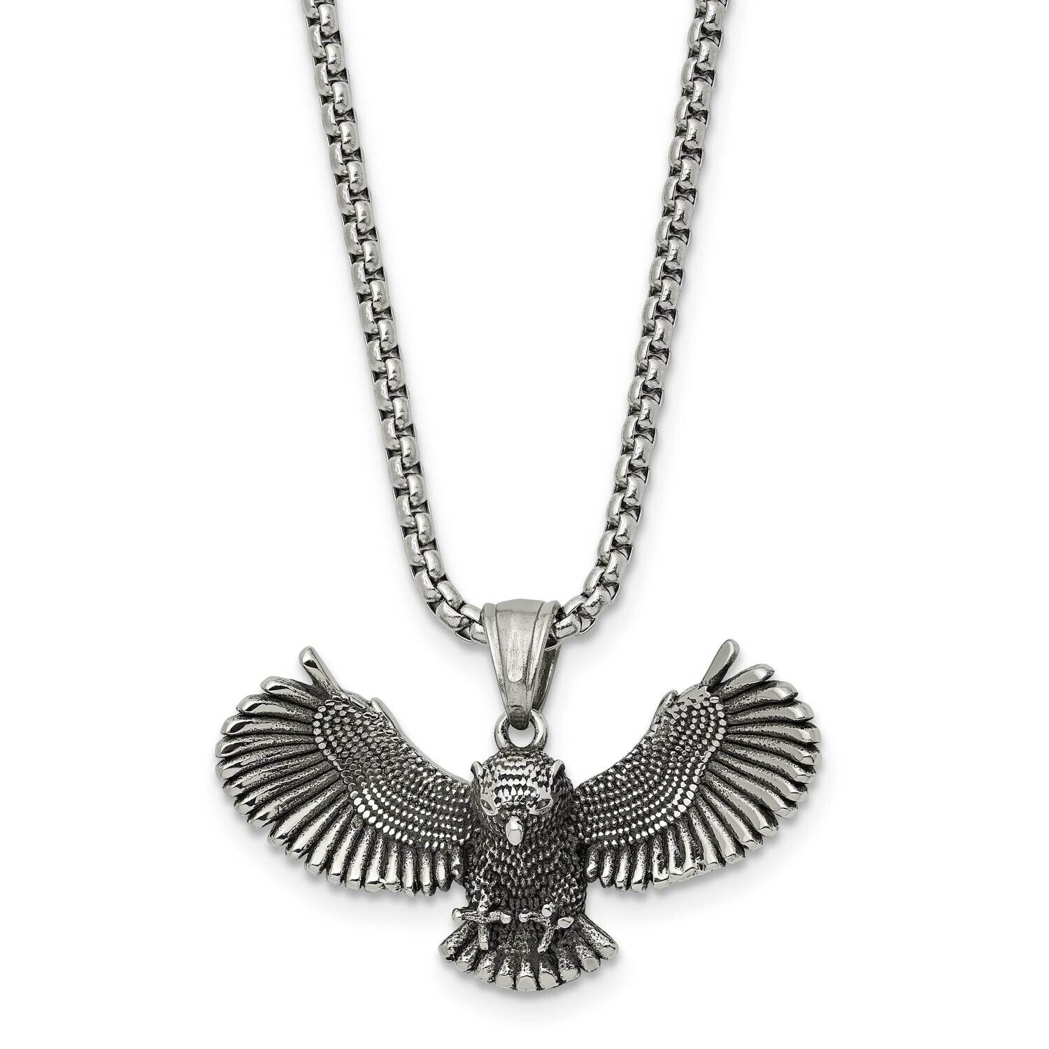 Chisel Antiqued Polished Flying Owl Pendant On A 24 Inch Box Chain Necklace Stainless Steel SRN3097-24