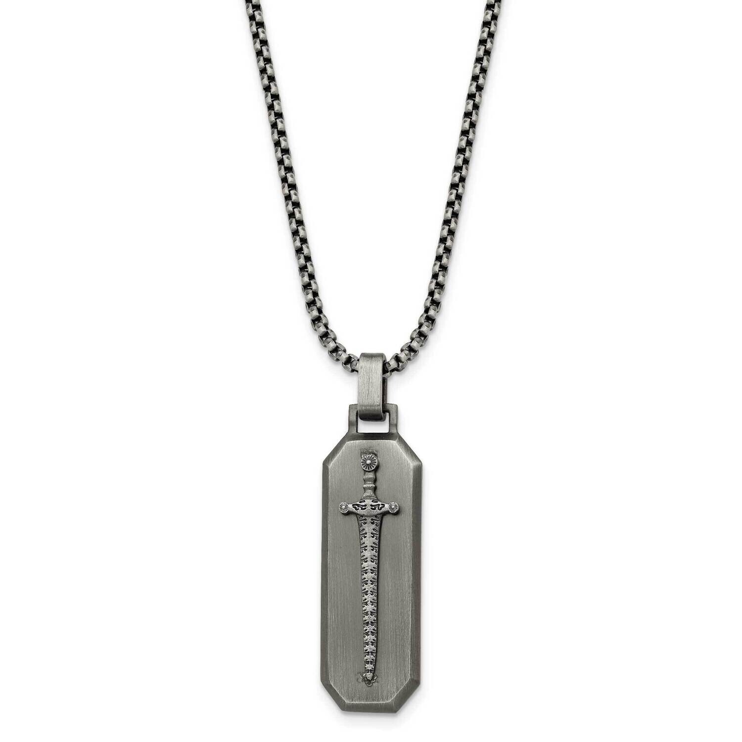 Chisel Brushed Sword Pendant On A 24 Inch Box Chain Necklace Stainless Steel SRN3030-24 by Men&#39;s Je…