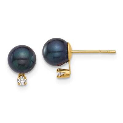 6-7mm Round Black Akoya Pearl .06Ct Diamond Post Earrings 14k Gold XF834E, MPN: XF834E,