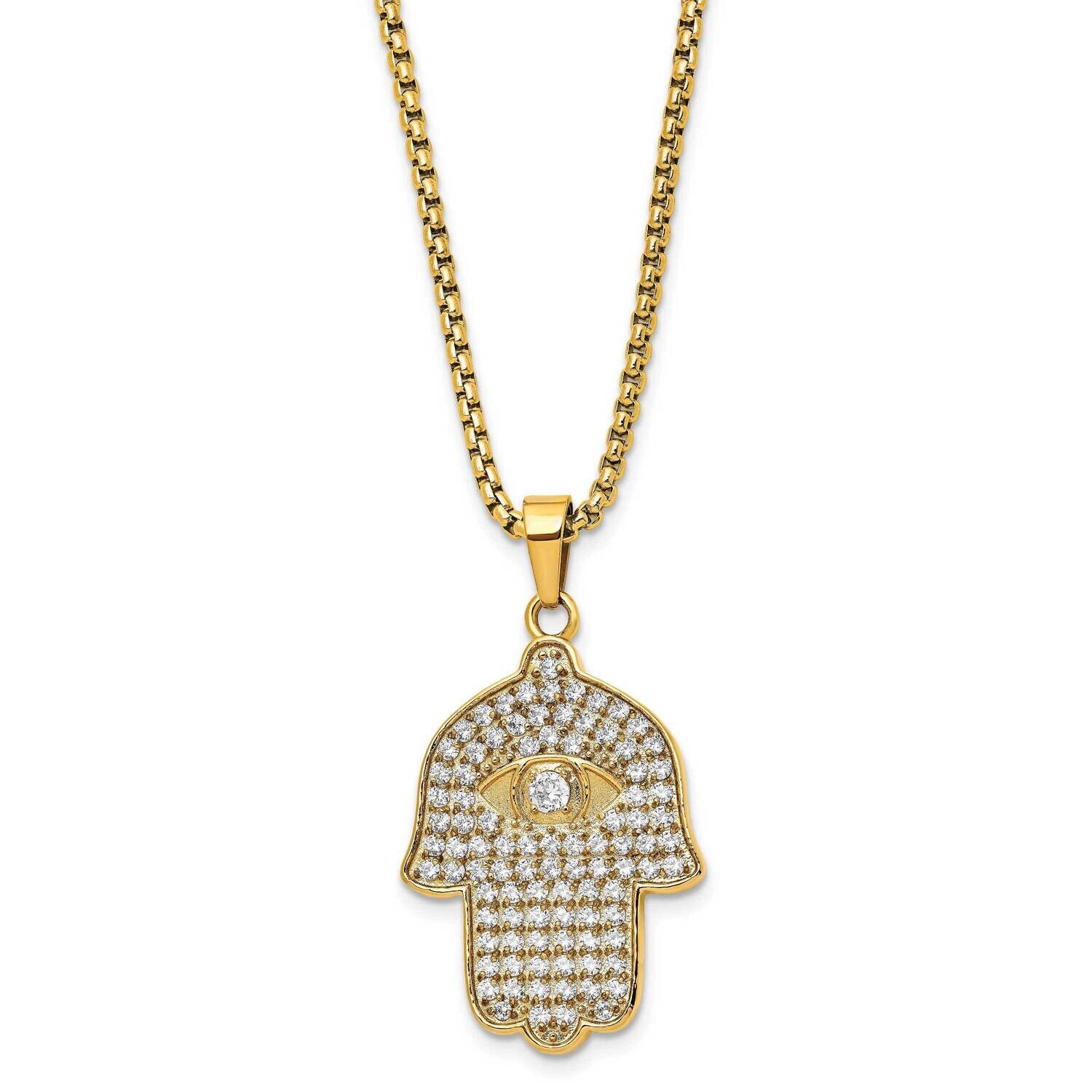 Chisel Polished Yellow Ip-Plated CZ Hamsa Pendant On A 24 Inch Box Chain Necklace Stainless Steel S…