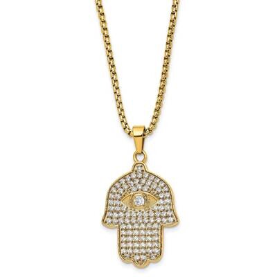 Chisel Polished Yellow Ip-Plated CZ Hamsa Pendant On A 24 Inch Box Chain Necklace Stainless Steel S…