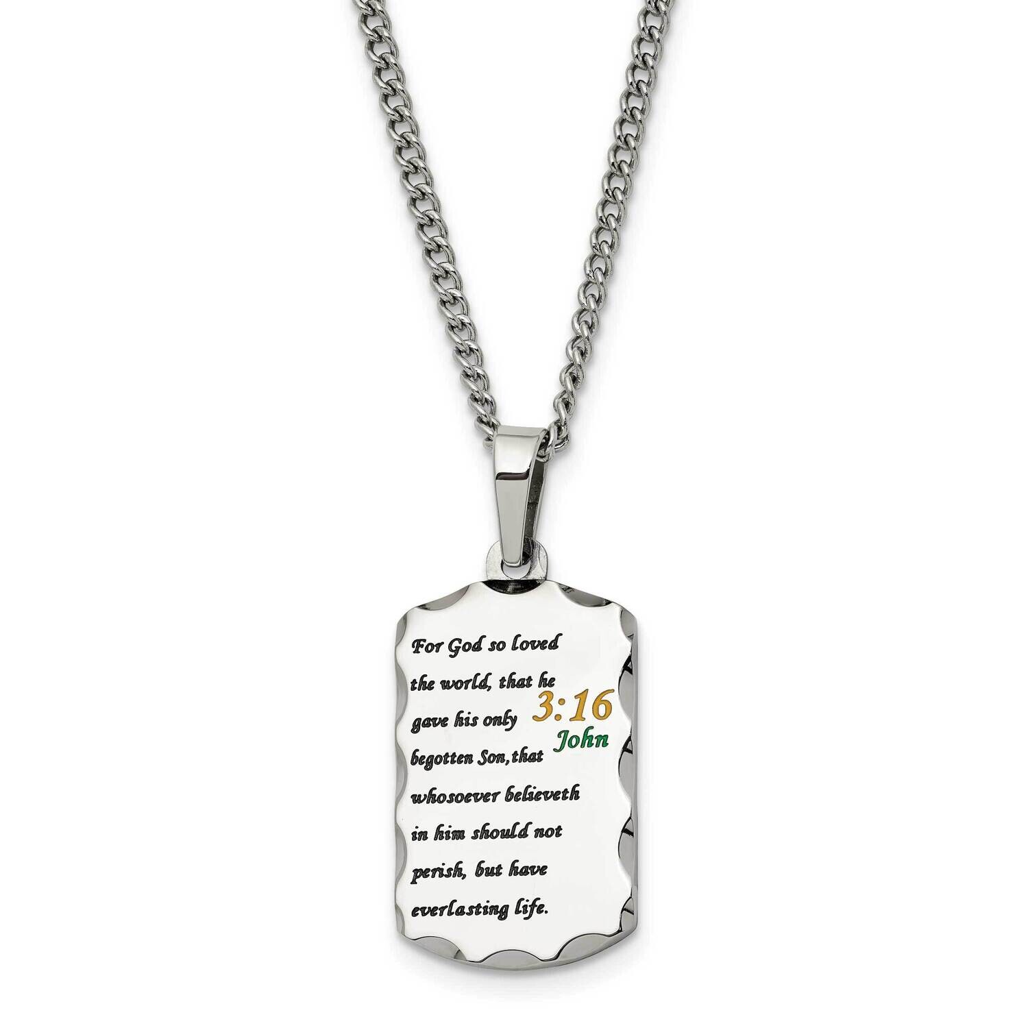 Chisel Polished Acid Etched John 3:16 Dog Tag On A 24 Inch Curb Chain Necklace Stainless Steel SRN3…