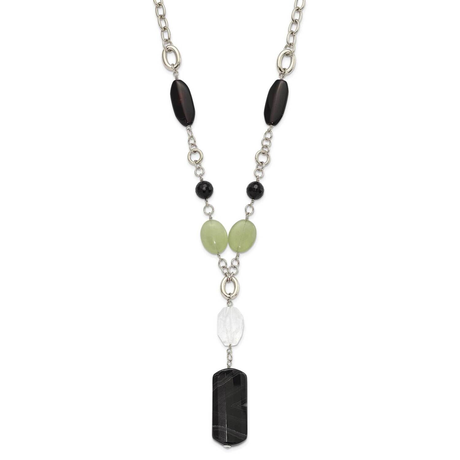 Prehnite Crystal &amp; Black Agate 1.5 Inch Extension Drop Necklace Stainless Steel SRN569-26 by Chisel…