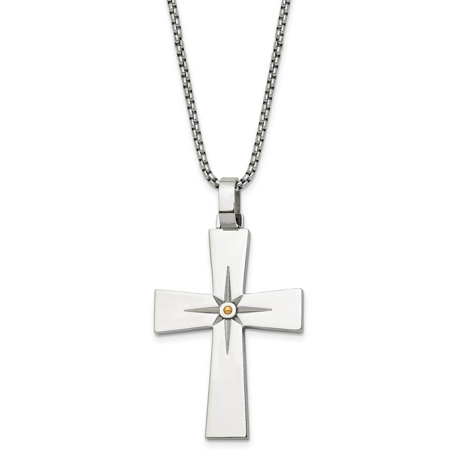 Chisel Polished Yellow Ip-Plated Starburst Cross Pendant On A 24 Inch Box Chain Necklace Stainless …