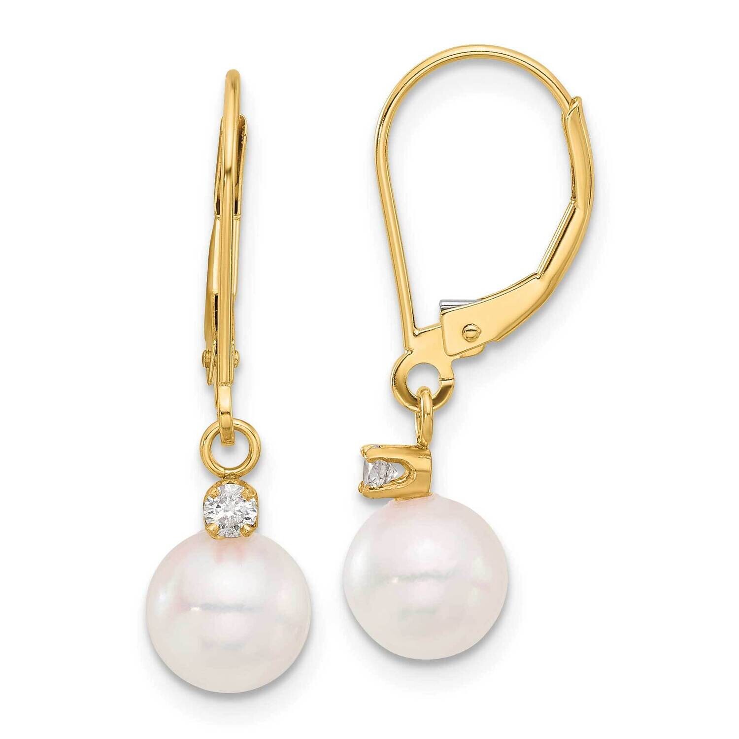 7-8mm Round White Akoya Pearl .10Ct Diamond Dangle Leverback Earrings 14k Gold XF836E, MPN: XF836E,…