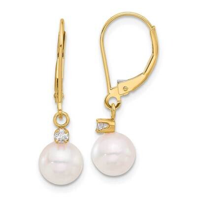 7-8mm Round White Akoya Pearl .10Ct Diamond Dangle Leverback Earrings 14k Gold XF836E, MPN: XF836E,…