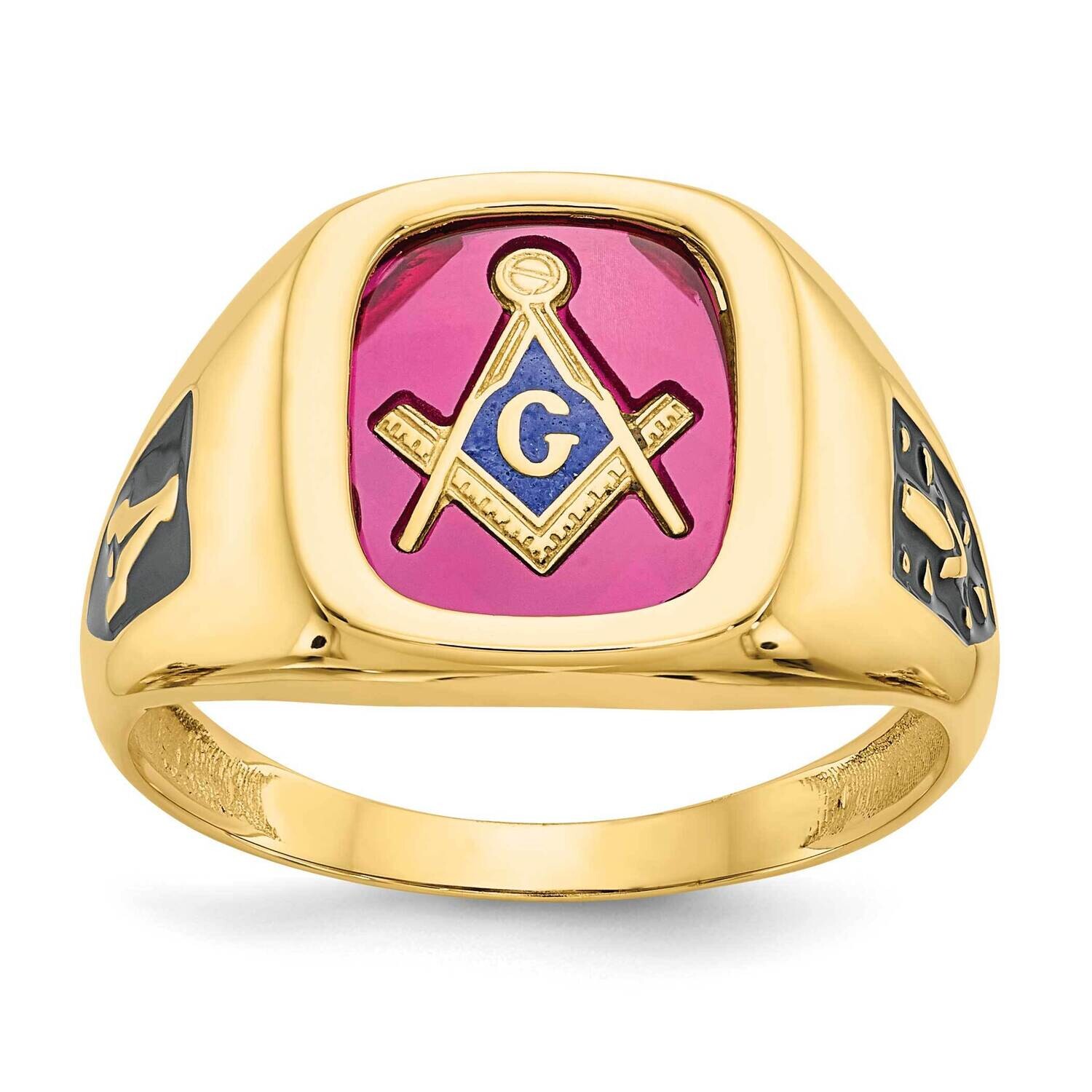 Men&#39;s Polished Textured Black Enamel Lab Created Ruby Masonic Ring 14k Gold X24
