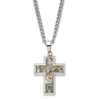 Chisel Polished Printed Hunting Camo Under Rubber Cross Pendant On A 24 Inch Curb Chain Necklace St…