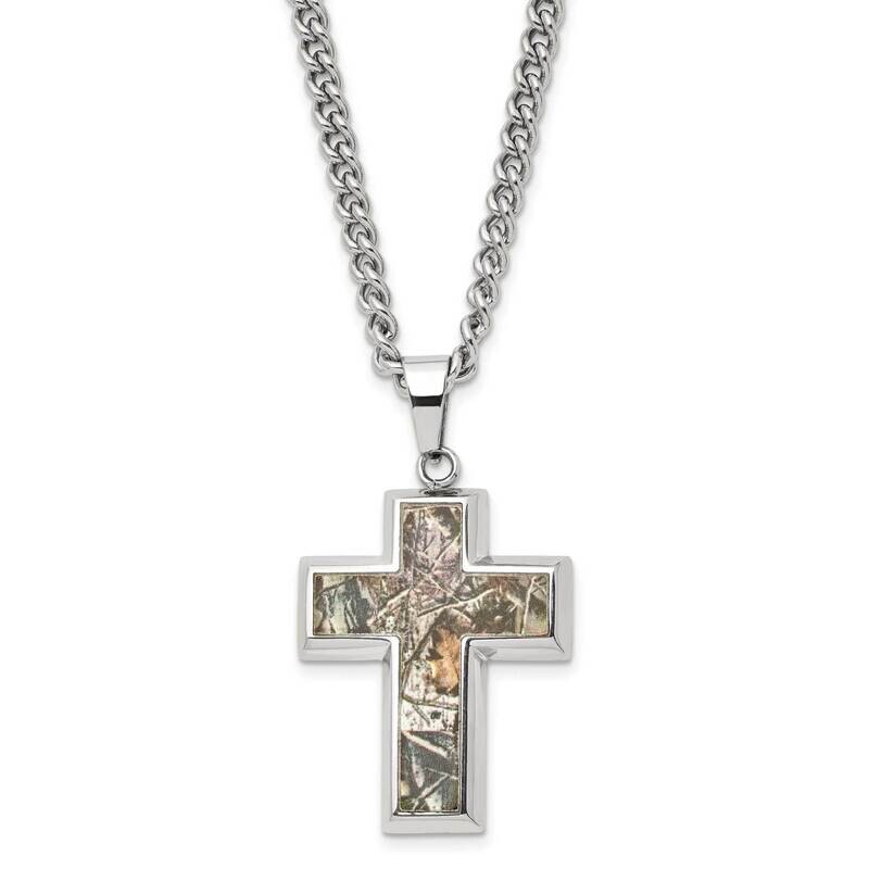Chisel Polished Printed Hunting Camo Under Rubber Cross Pendant On A 24 Inch Curb Chain Necklace Stainless Steel SRN3122-24