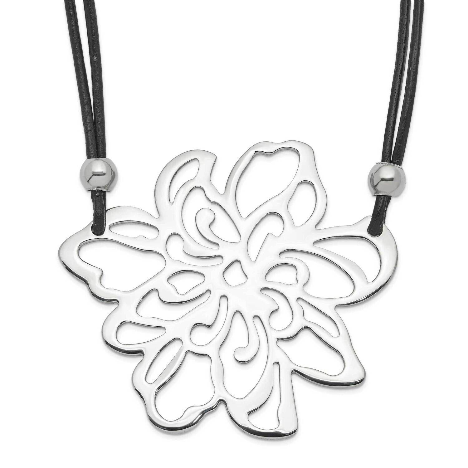 Polished Flower Black Leather Cord Necklace Stainless Steel SRN1733-18.5 by Chisel, MPN: SRN1733-18…
