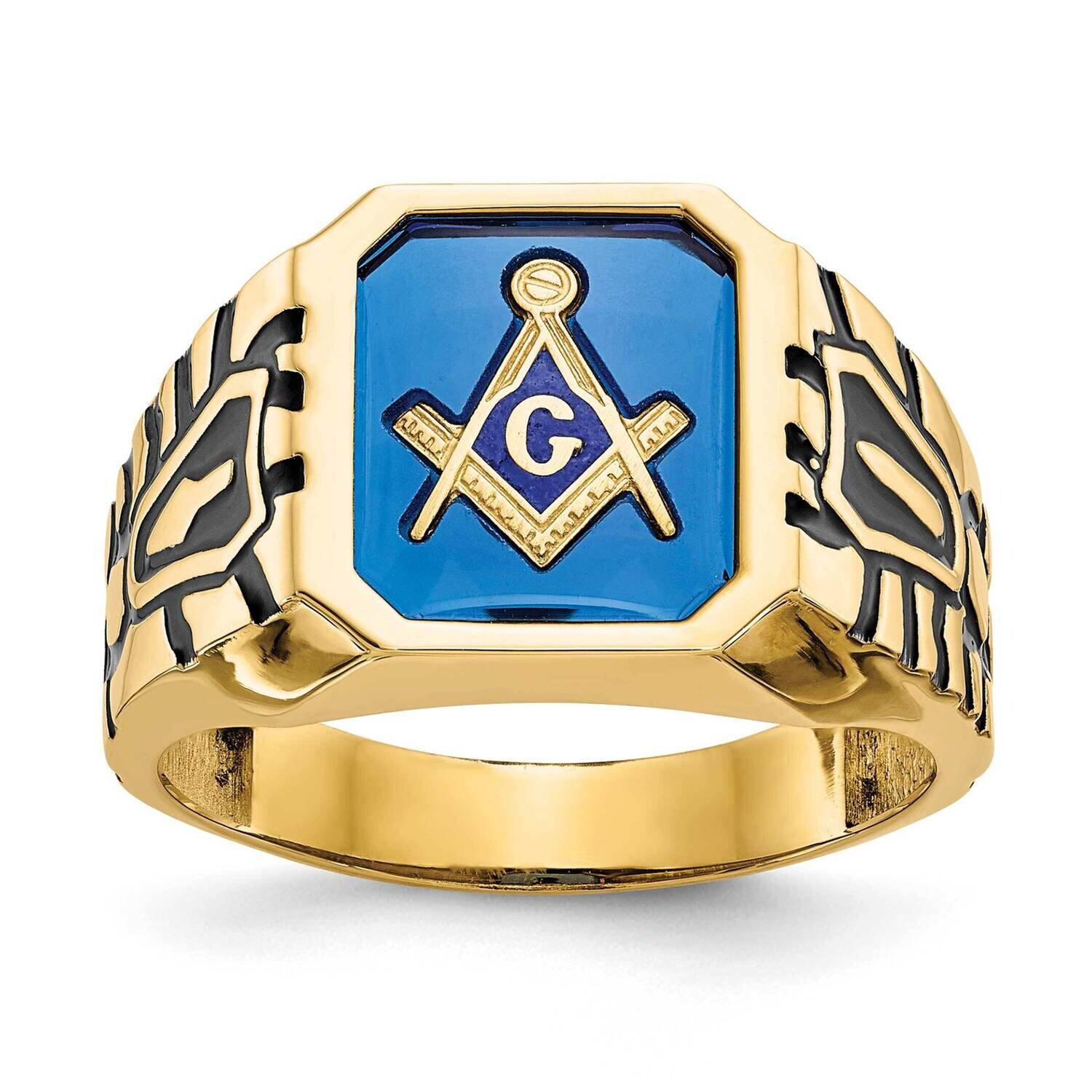 Men&#39;s Polished Antiqued Grooved Imitation Blue Spinel Masonic Ring 14k Gold X27