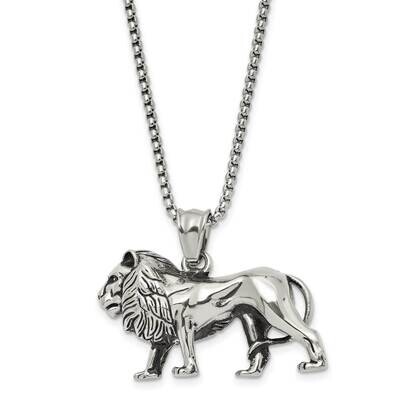 Chisel Antiqued Polished Lion Pendant On A 25.5 Inch Box Chain Necklace Stainless Steel SRN3099-25.…