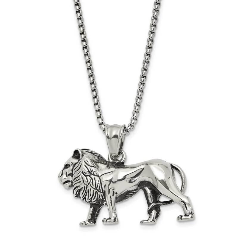 Chisel Antiqued Polished Lion Pendant On A 25.5 Inch Box Chain Necklace Stainless Steel SRN3099-25.5