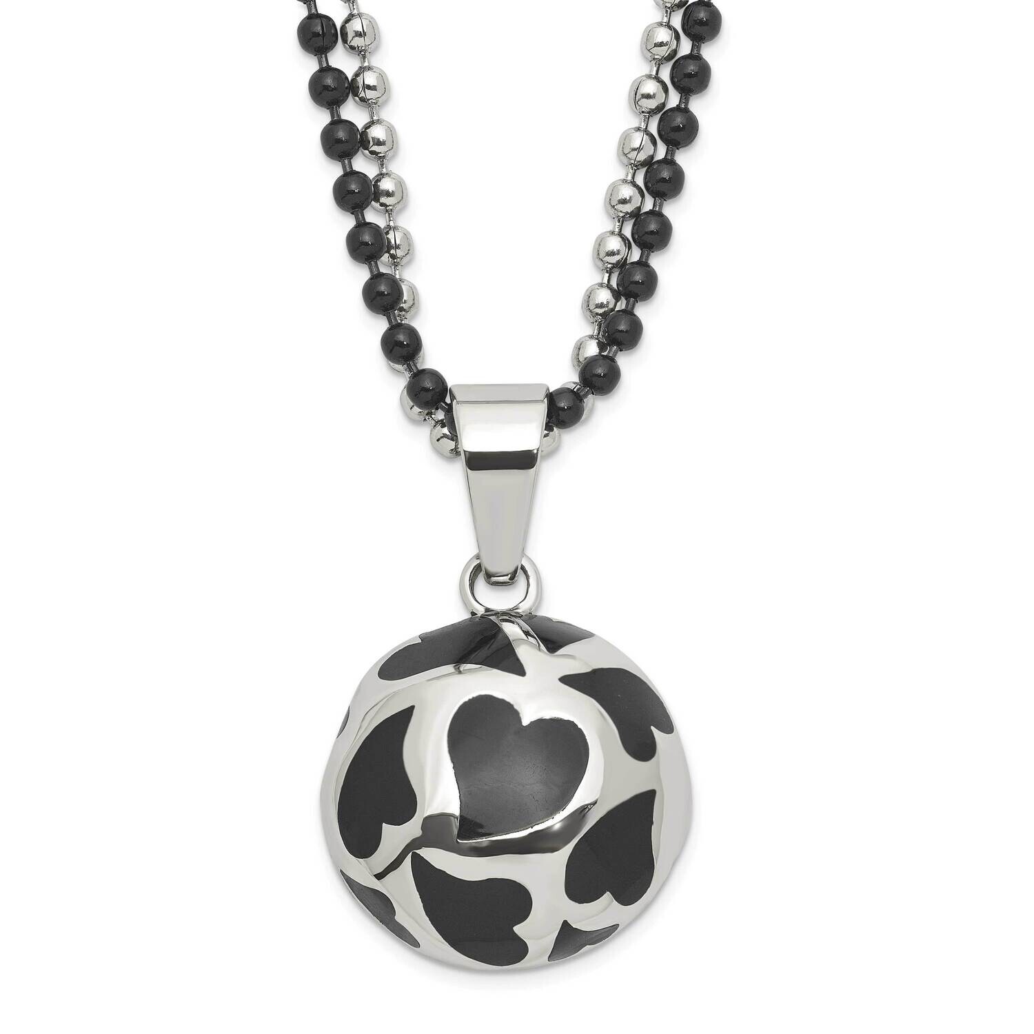 Black Enamel Hearts 24 Inch Necklace Stainless Steel SRN614-24