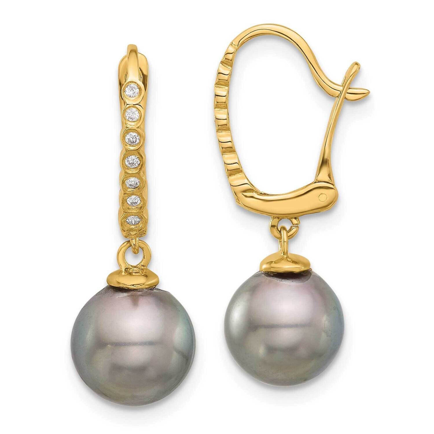 8-9mm Round Black Tahitian Pearl .07Ct Diamond Dangle Earrings 14k Gold XF814E, MPN: XF814E,