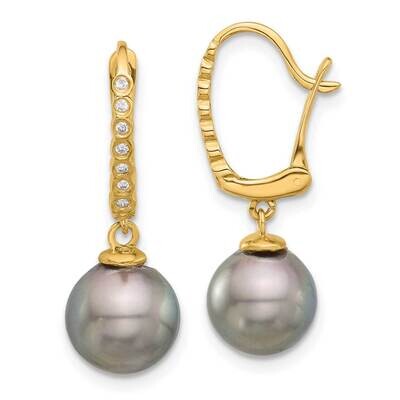 8-9mm Round Black Tahitian Pearl .07Ct Diamond Dangle Earrings 14k Gold XF814E, MPN: XF814E,