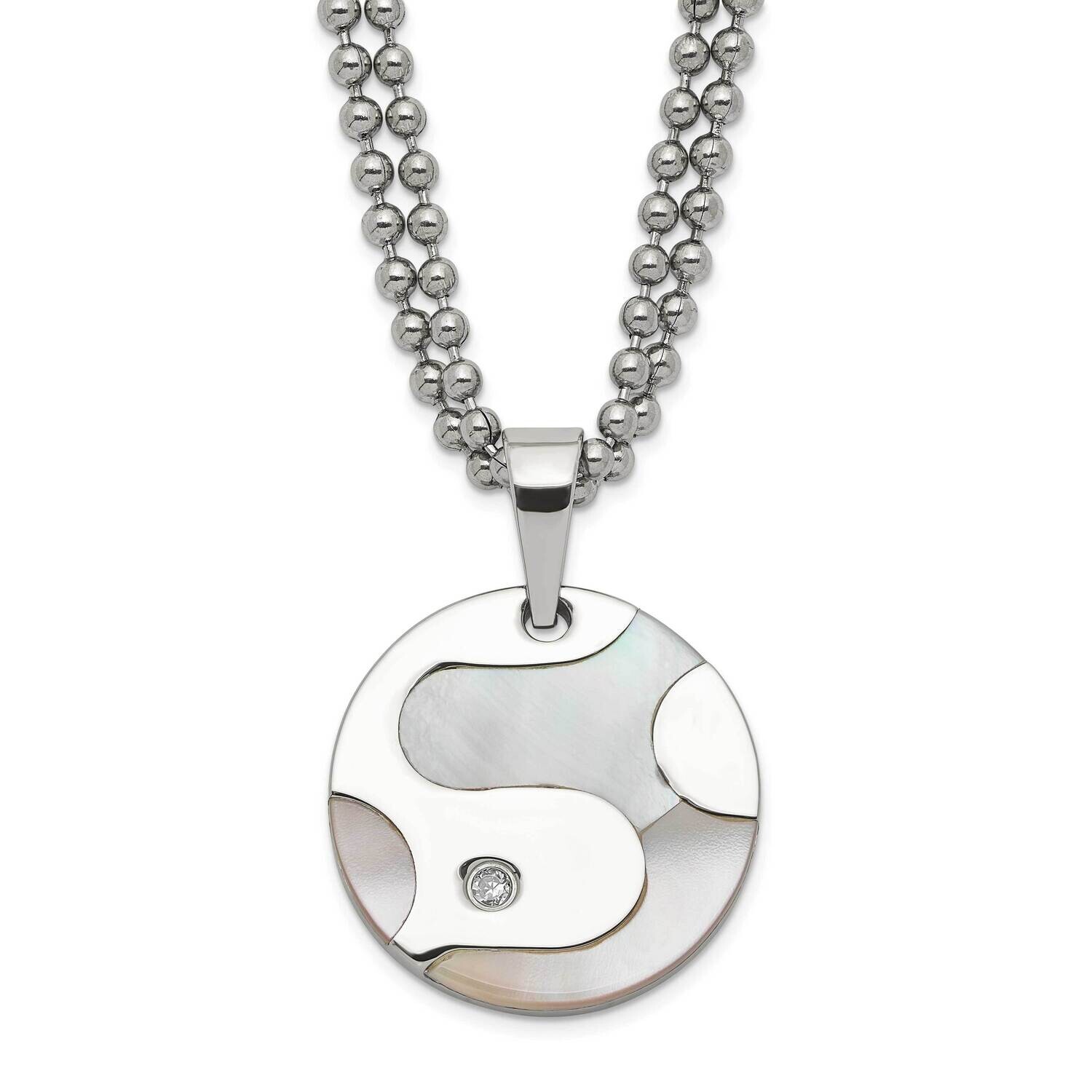 Polished CZ &amp; Mother Of Pearl Circle Necklace Stainless Steel SRN541-22 by Chisel, MPN: SRN541-22, …