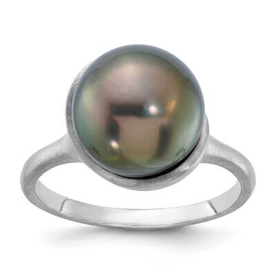 Brushed 10-11mm Round Black Tahitian Pearl Ring 14k White Gold XF810, MPN: XF810,