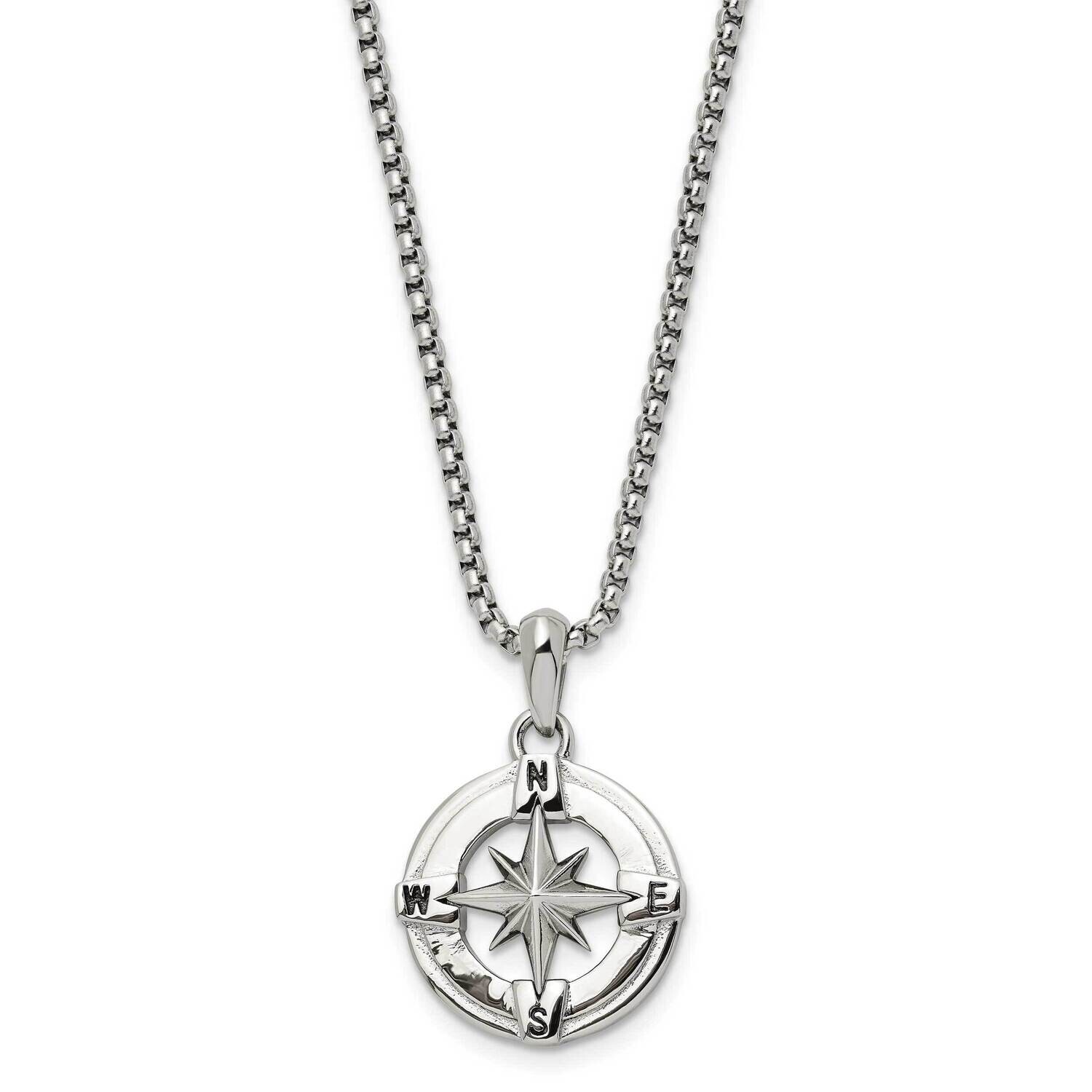 Chisel Polished Compass Pendant On A 22 Inch Box Chain Necklace Stainless Steel SRN3075-22