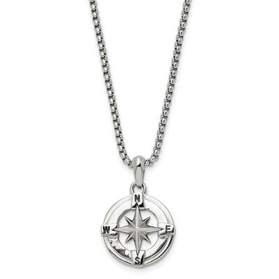 Chisel Polished Compass Pendant On A 22 Inch Box Chain Necklace Stainless Steel SRN3075-22 by Men&#39;s…