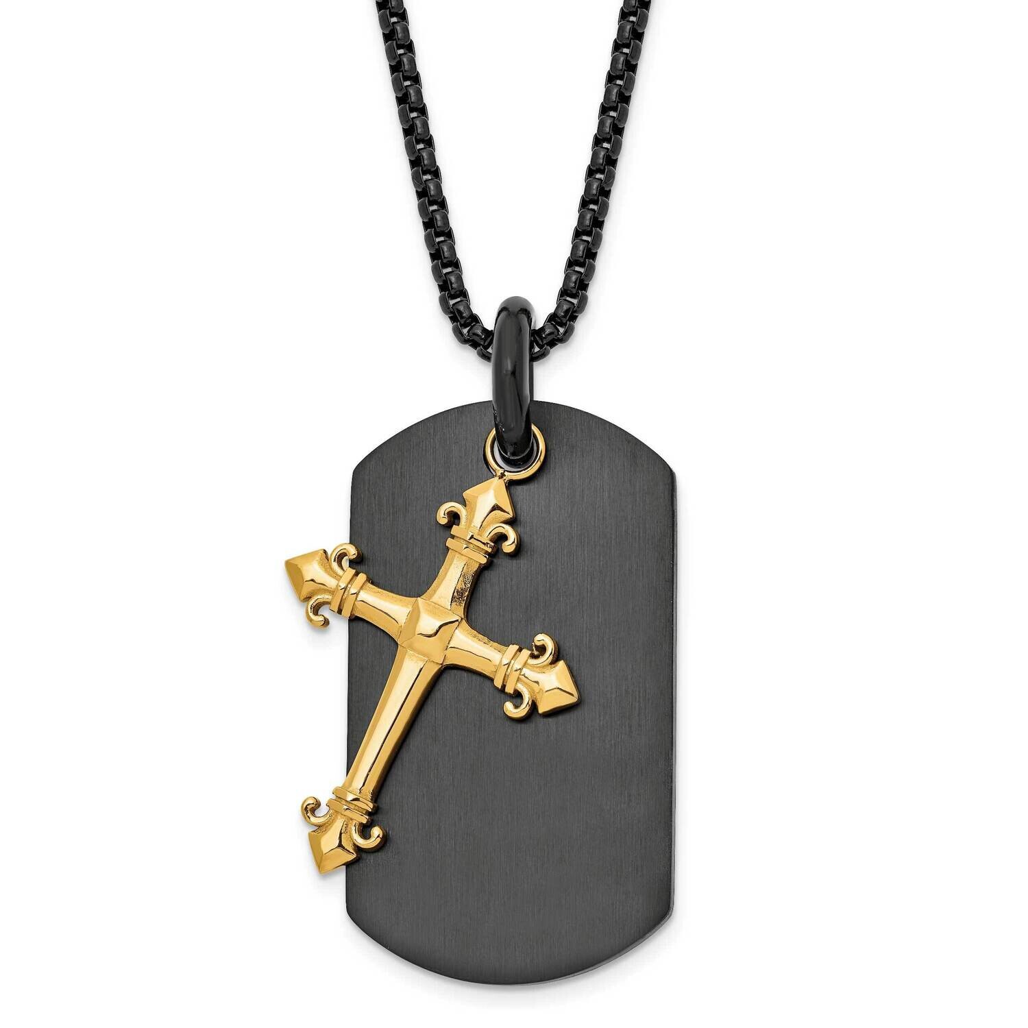 Chisel Polished Black Yellow Ip-Plated 2 Piece Cross Dog Tag On A 24.75 Inch Box Chain Necklace Sta…