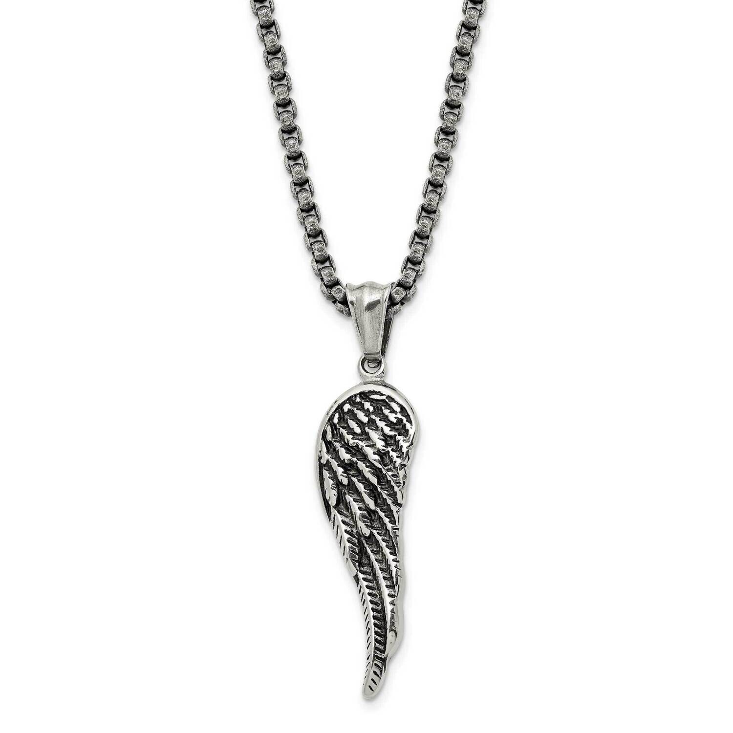 Chisel Antiqued Polished Angel Wing Pendant On A 23.5 Inch Box Chain Necklace Stainless Steel SRN31…