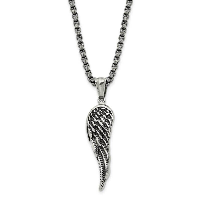Chisel Antiqued Polished Angel Wing Pendant On A 23.5 Inch Box Chain Necklace Stainless Steel SRN3115-23.5