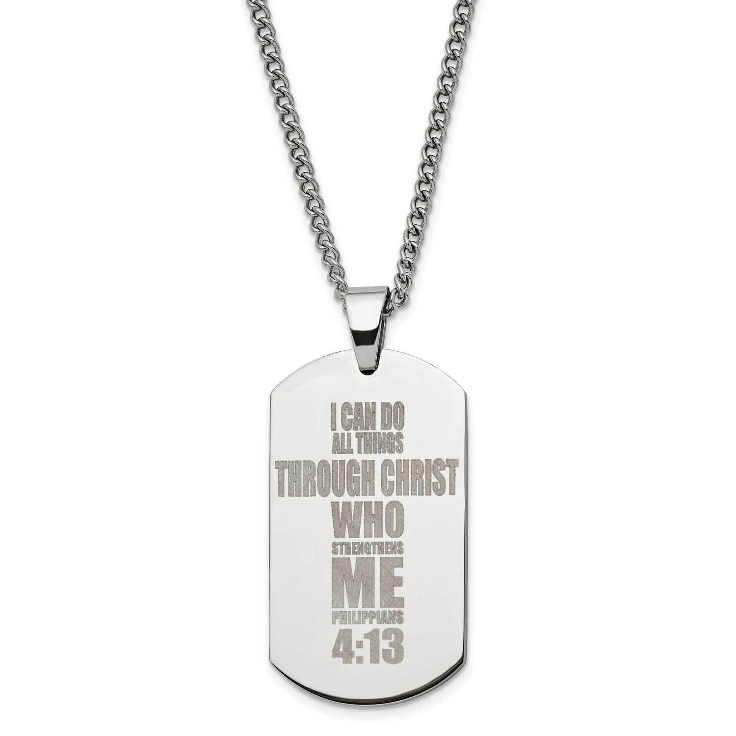 Chisel Polished Lasered Philippians 4:13 Dog Tag On A 24 Inch Curb Chain Necklace Stainless Steel S…