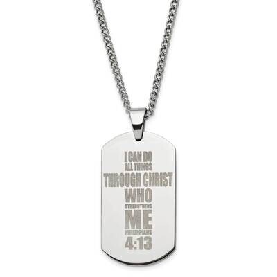 Chisel Polished Lasered Philippians 4:13 Dog Tag On A 24 Inch Curb Chain Necklace Stainless Steel S…