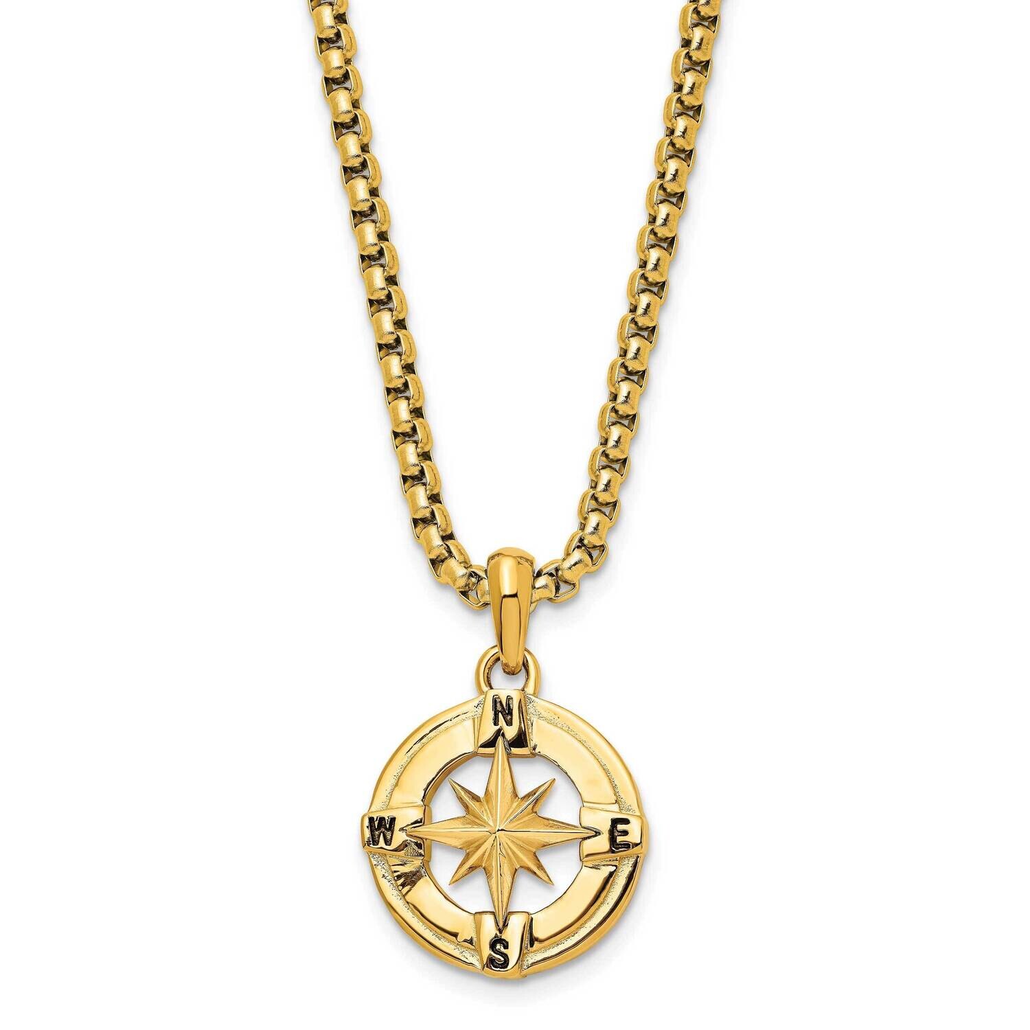 Chisel Polished Yellow Ip-Plated Compass Pendant On A 22 Inch Box Chain Necklace Stainless Steel SRN3075Y-22