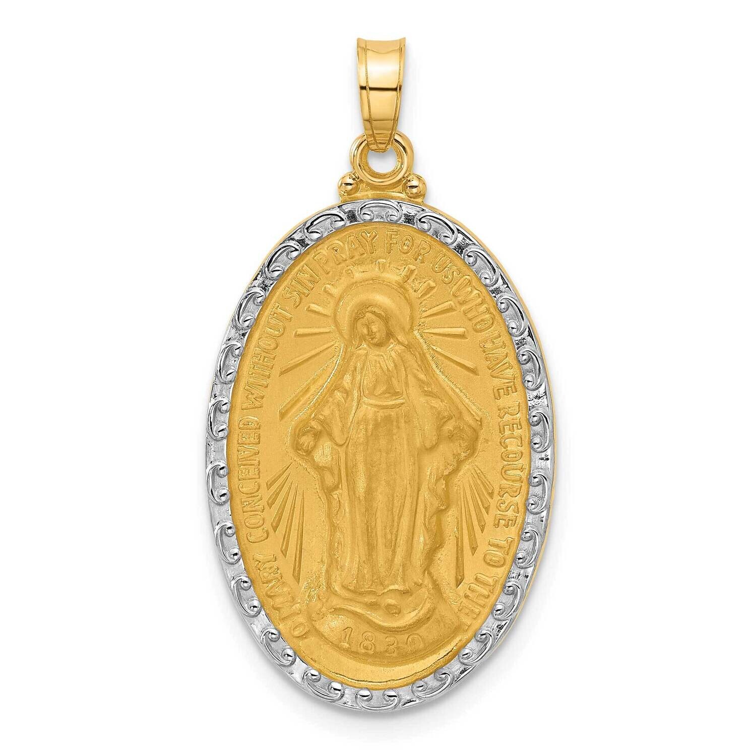 Satin Polished Miraculous Medal Solid Oval Pendant 14k Gold With Rhodium XR2118