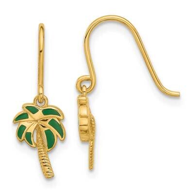 Green Enameled Palm Tree Shepherd Hook Dangle Earrings 14k Polished Gold YE2218, MPN: YE2218,