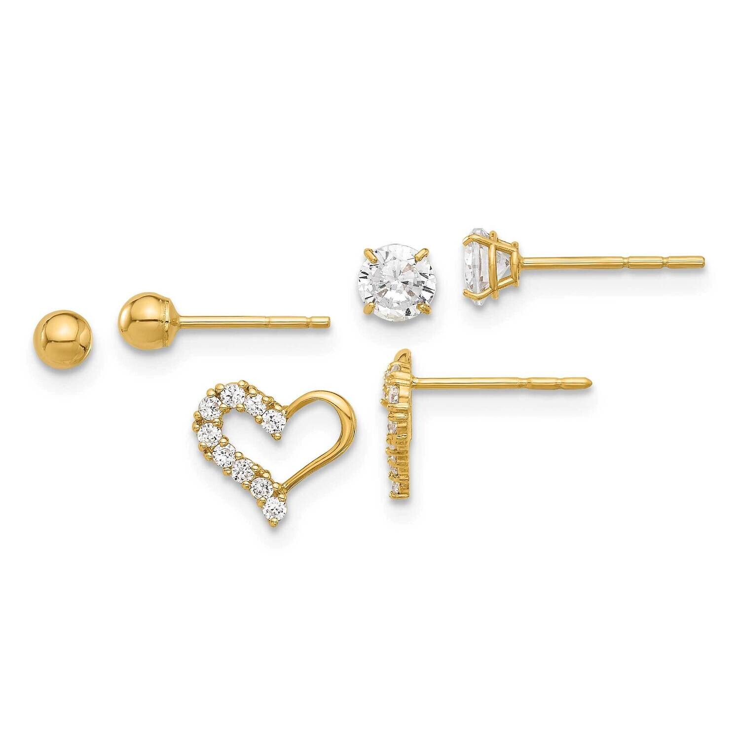 CZ Ball Heart Post Earring Set 14k Polished Gold YE2190SET, MPN: YE2190SET, 196904170229