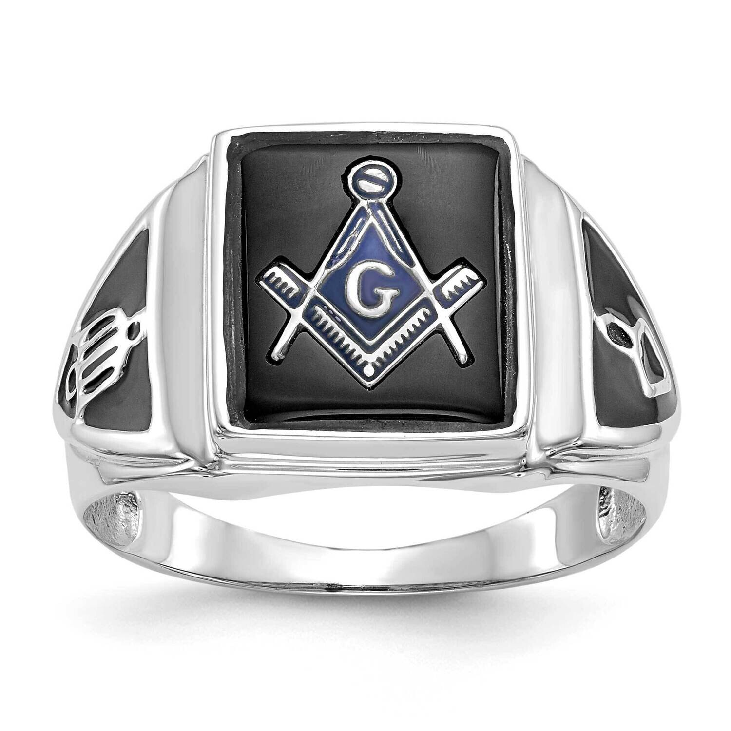Men&#39;s Polished Antiqued &amp; Textured Onyx Masonic Ring 14k White Gold Y4098WM by Men&#39;s Jewelry and Ac…