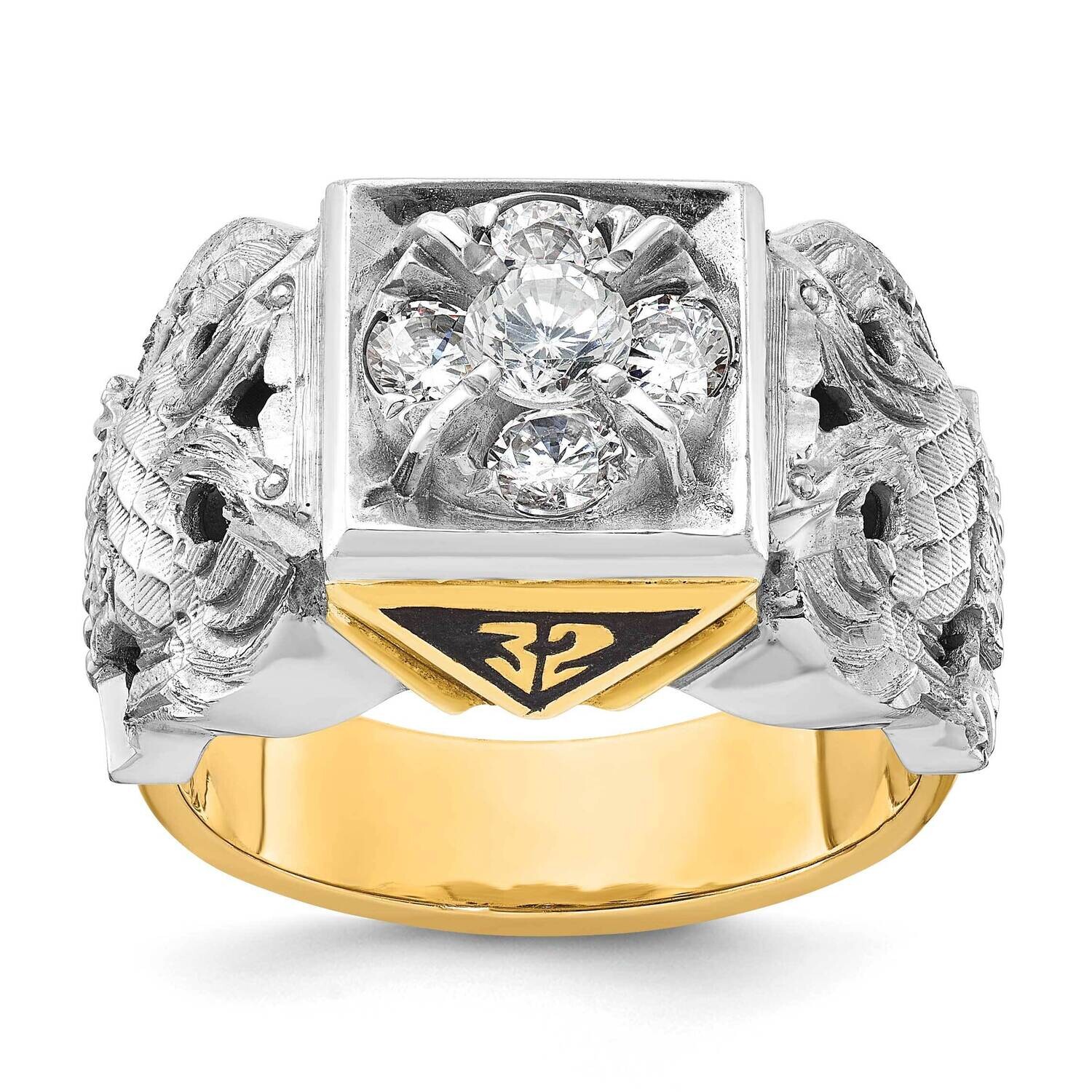 Ibgoodman Men&#39;s Polished Textured Black Enamel Diamond 32Nd Degree Scottish Rite Masonic Ring 14k T…