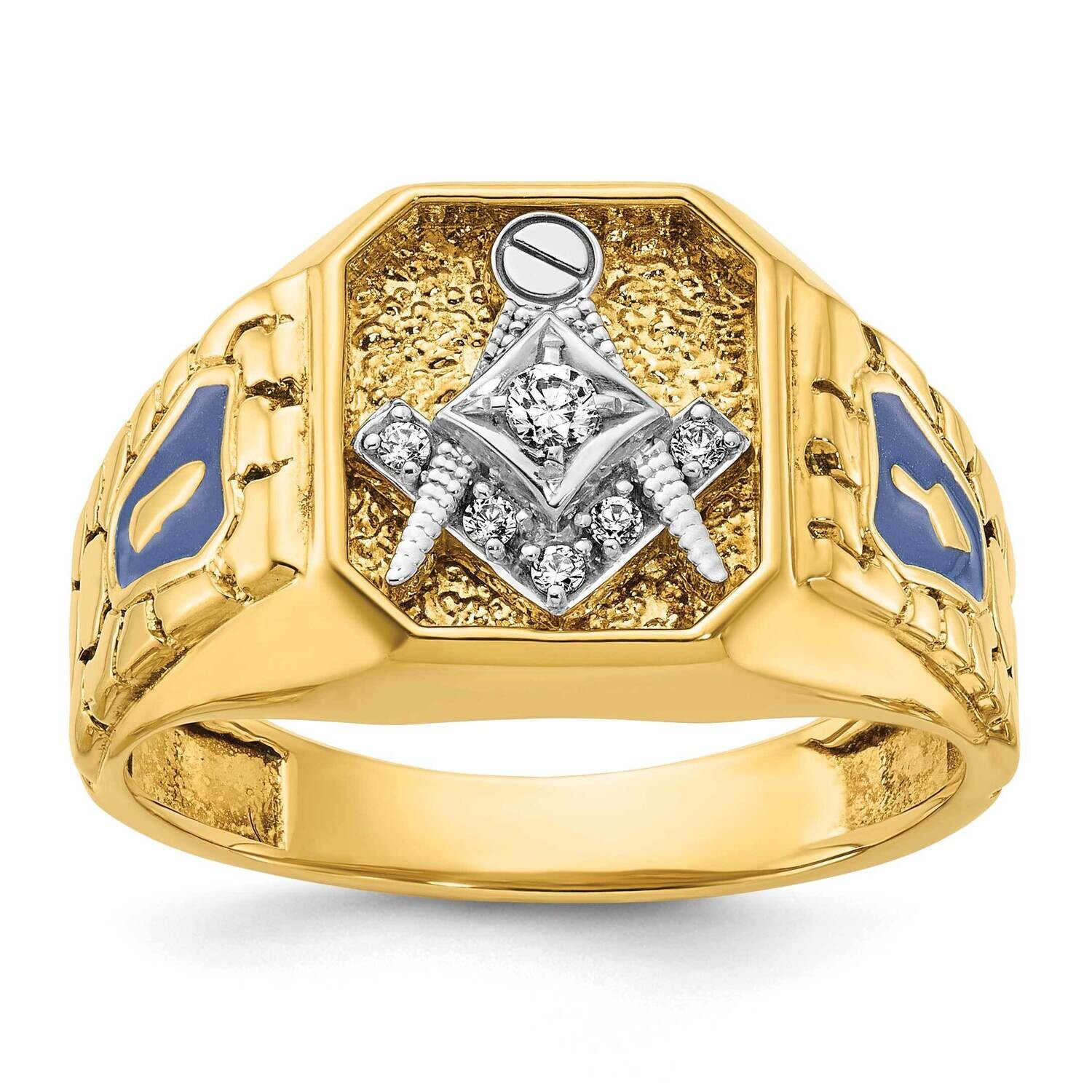 Ibgoodman Men&#39;s Polished Textured Blue Enamel Diamond Blue Lodge Master Masonic Ring 14k Two-Tone G…