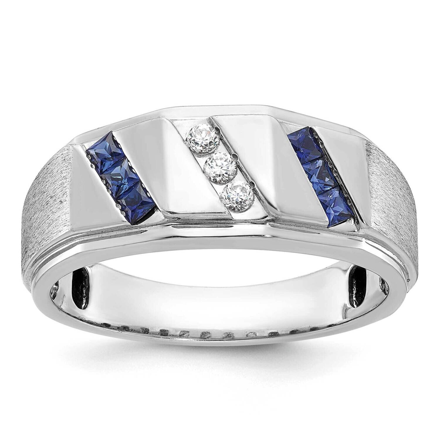 Ibgoodman Men&#39;s Satin Lab Created Sapphire 1/10 Carat Diamond Complete Ring 14k White Gold B57988-4…