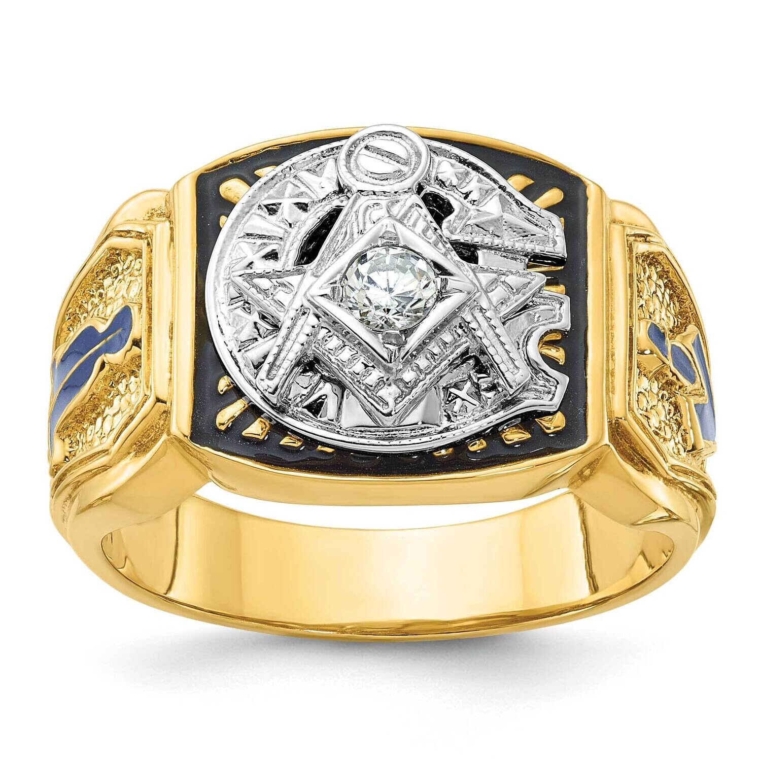 Ibgoodman Men&#39;s Polished Textured Blue Black Enamel Diamond Blue Lodge Master Masonic Ring 14k Two-…