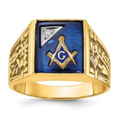 Ibgoodman Men&#39;s Polished Textured Lab Created Sapphire Diamond Blue Lodge Master Masonic Ring 14k T…