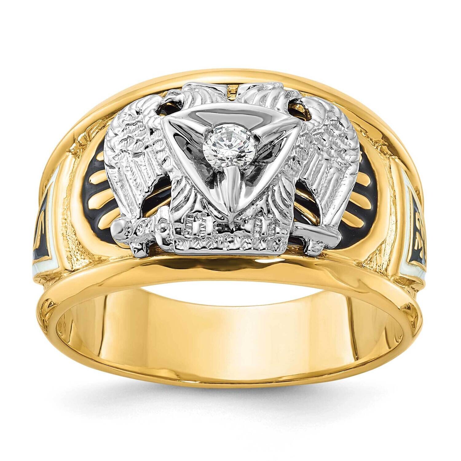 Ibgoodman Men's Polished Textured Black White Enameled Diamond 32Nd Degree Scottish Rite Masonic Ring 14k Two-Tone Gold B02444-4YWAA