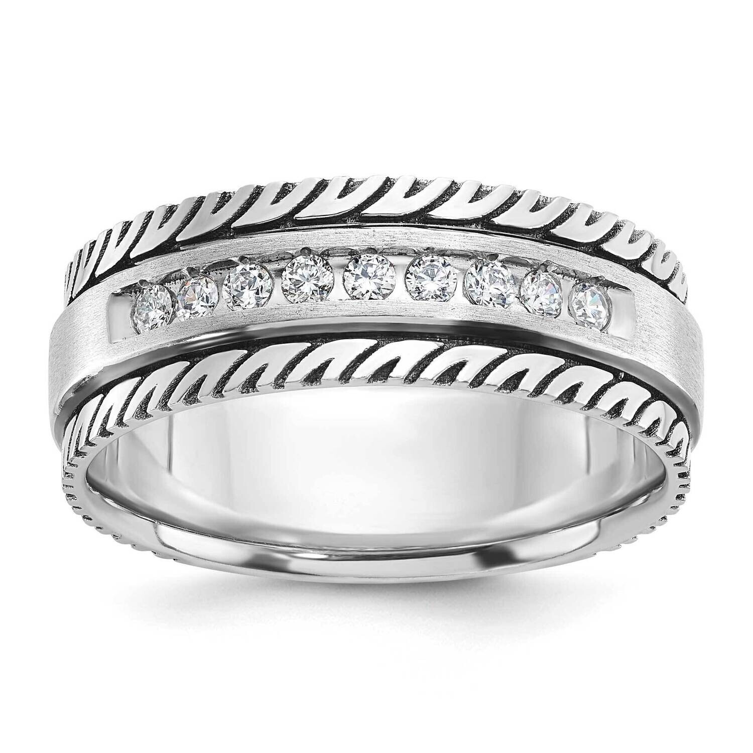 Ibgoodman Black Rhodium Men&#39;s Polished Satin Grooved 1/5 Carat Aa Quality Diamond Ring 14k White Go…
