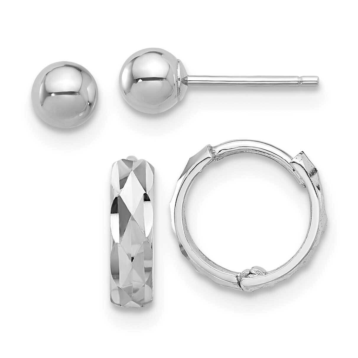 Polished 4mm Ball Diamond-Cut Hinged Hoop Earring Set 14k White Gold YE2168WSET
